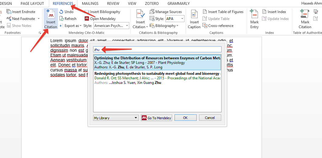 Insert Citation using Mendeley