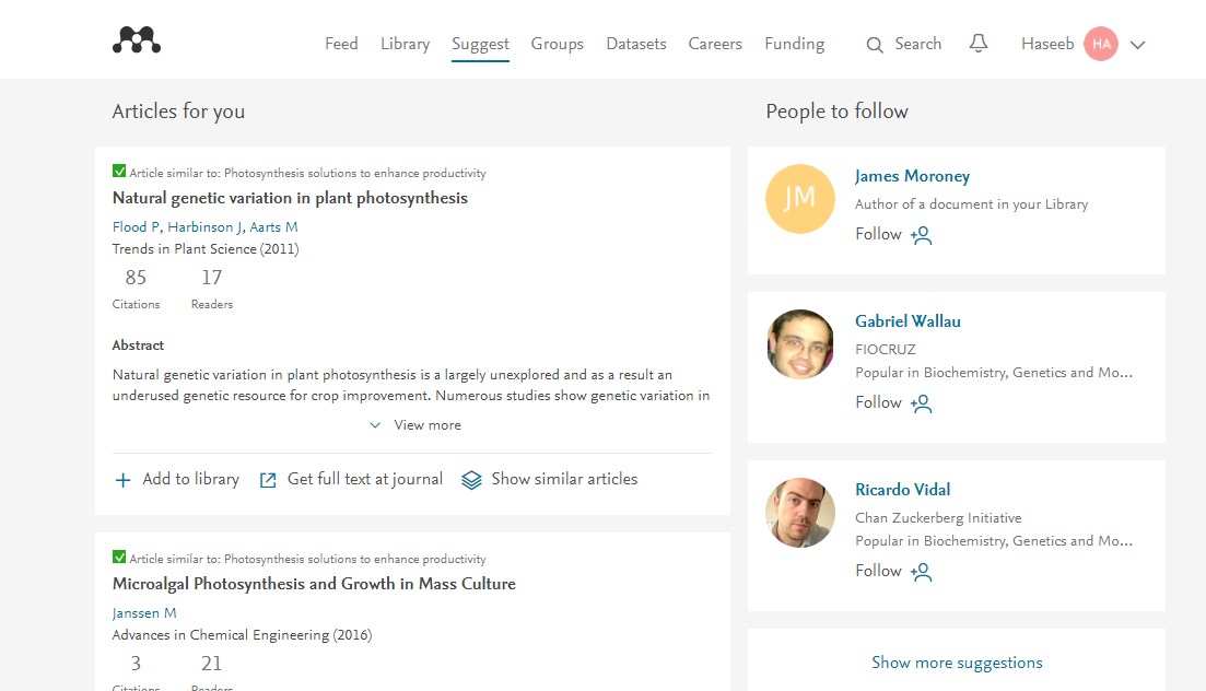 Mendeley suggest feature