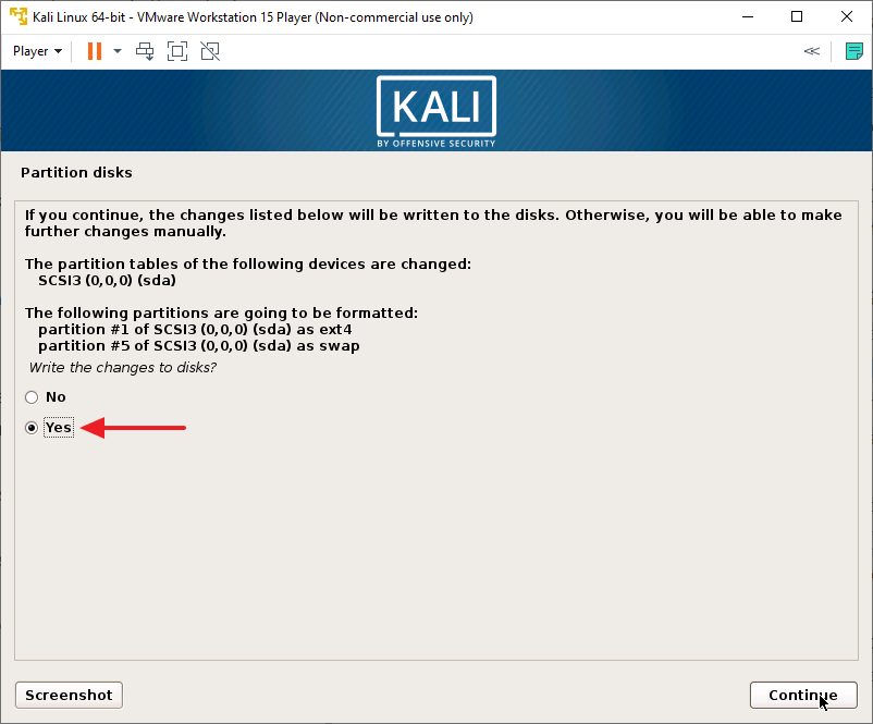 Kali Linux Installer - Partition Disk - Write Changes to Disk