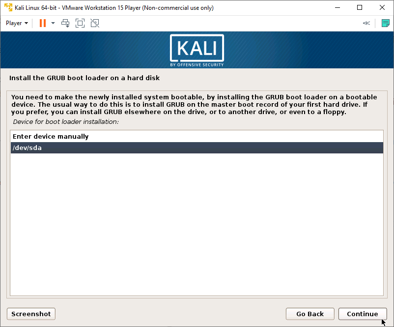 Kali Linux Installer - GRUB Bootloader - Choose Hard Drive
