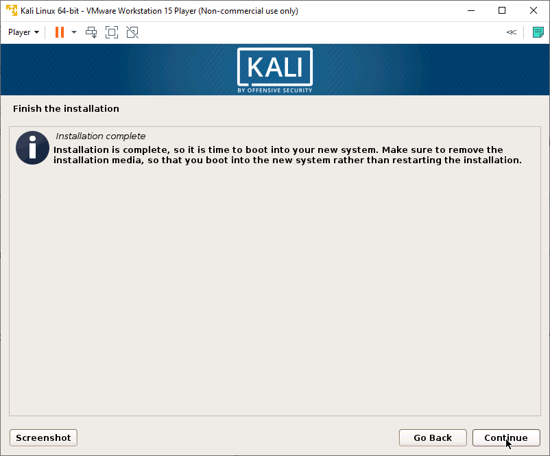 Kali Linux Installer - Installation Completed
