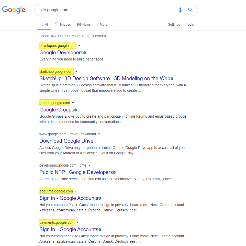 Google result for subdomain finder