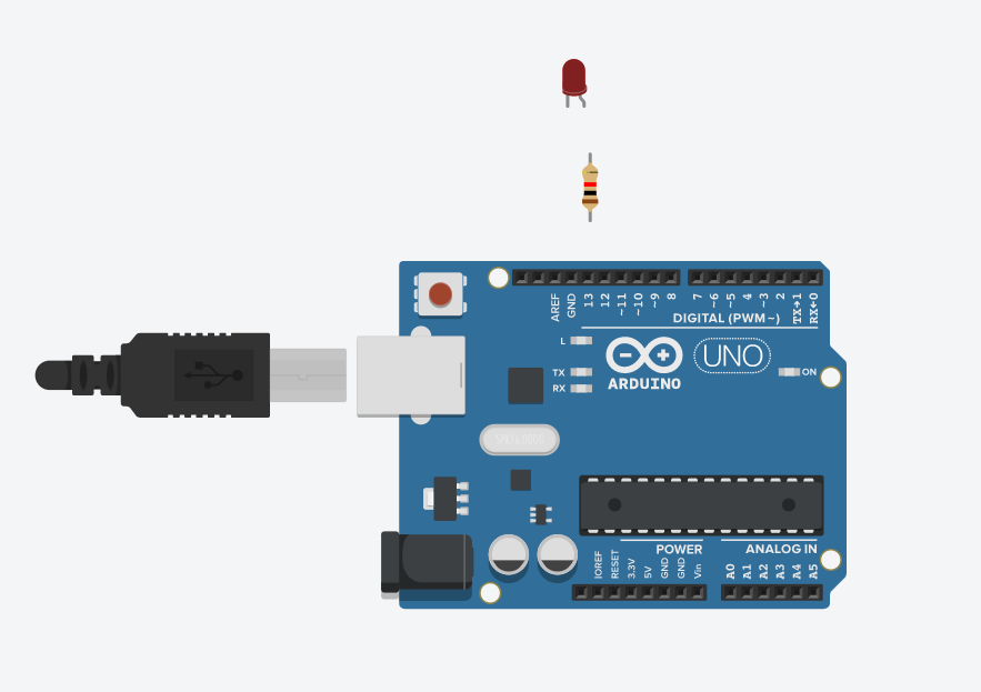 LED and Resistor on workspace in Arduino simulator tutorial